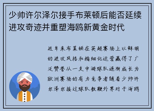 少帅许尔泽尔接手布莱顿后能否延续进攻奇迹并重塑海鸥新黄金时代 少帅许尔泽尔接手布莱顿后能否延续进攻奇迹并重塑海鸥新黄金时代